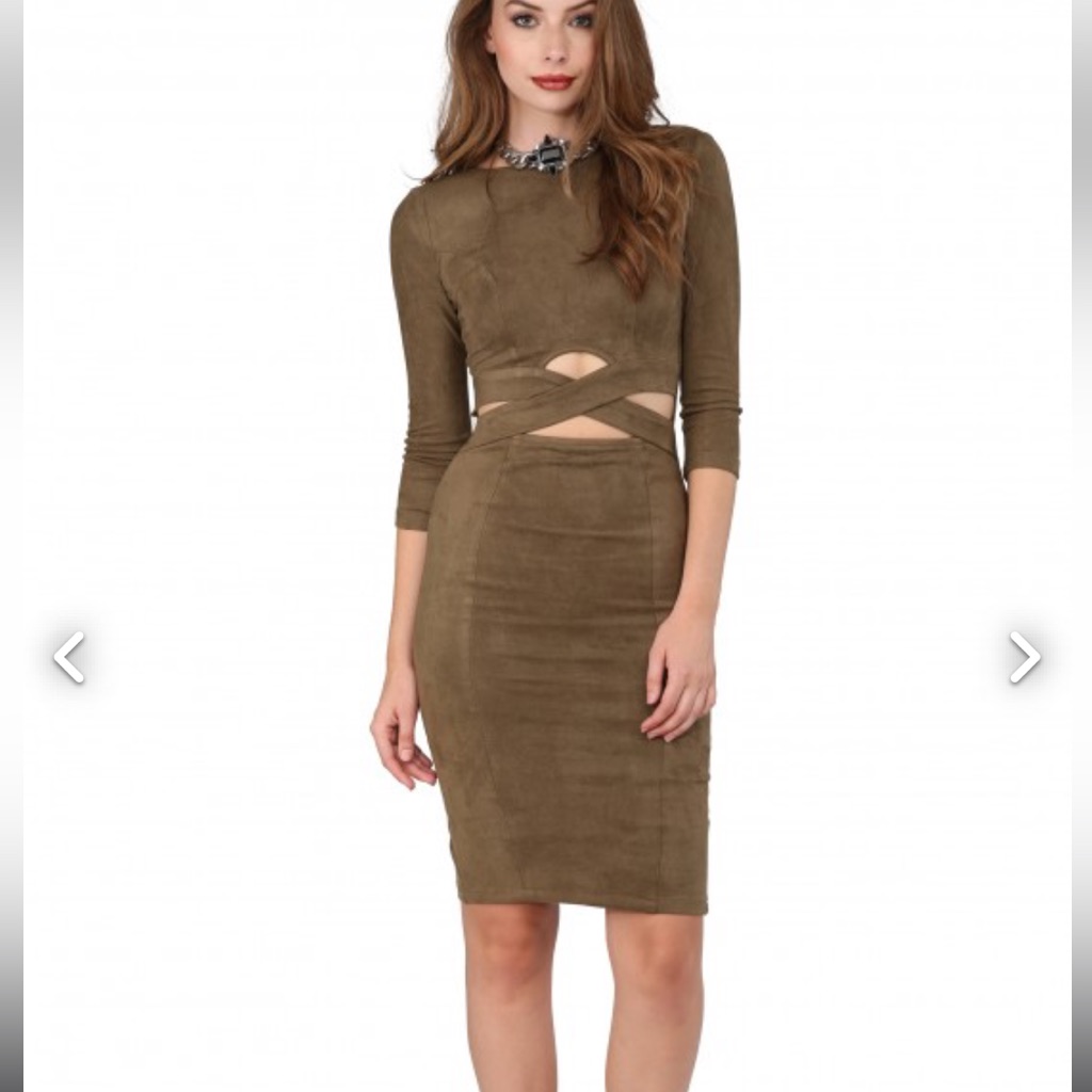 Privy Olive Green Faux Suede Cutout Bodycon Midi Dress Long Sleeve Size M